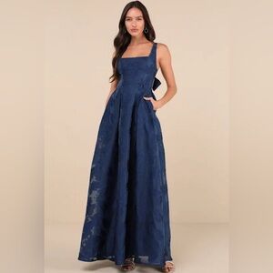 Perfected Aura Navy Jacquard Tie Back Maxi Dress with Pockets